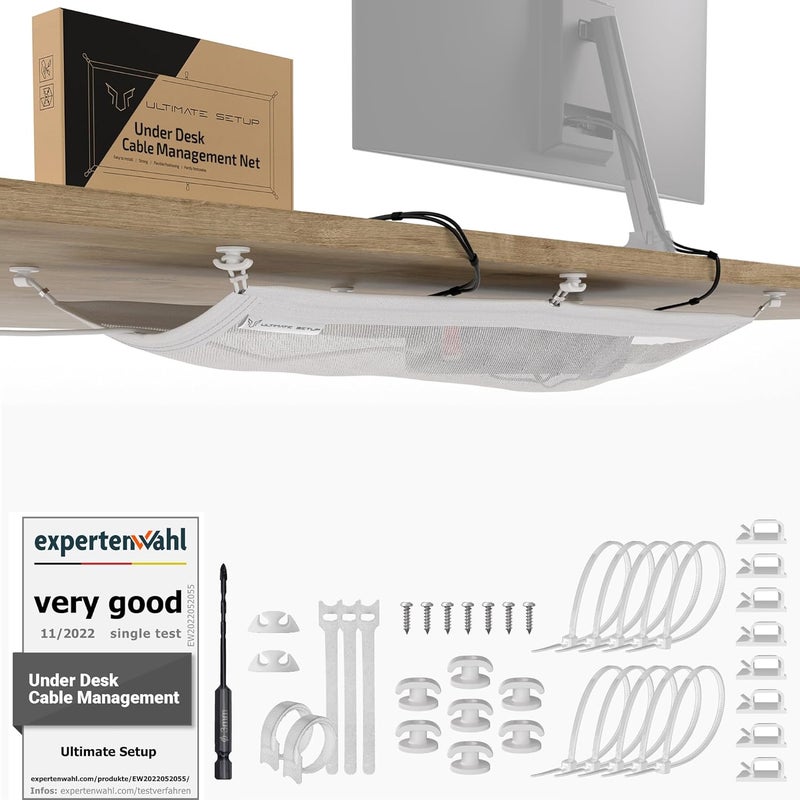 Ultimate Setup Cable Management net - Under Desk Wire Management - Flexible Under Desk Cable Management Tray White - Image 1